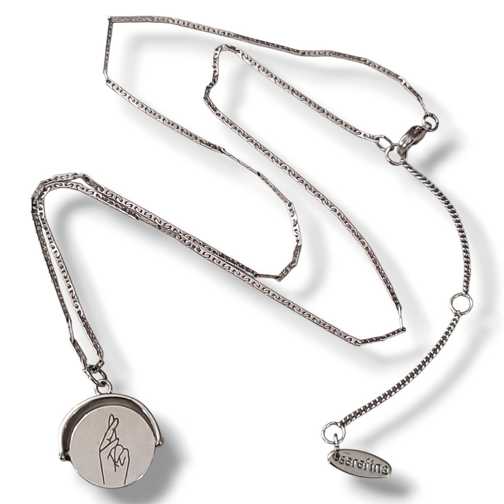 Serefina Silver Spinner Pendant Necklace Line Art Fingers Crossed & Peace 17-20"